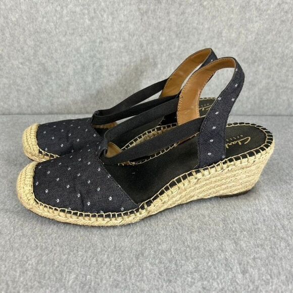 Clarks Womens Espadrille Wedge Sandals Blue Polka Dot Canvas 2.5" Heel Size 8 M‎ - Picture 1 of 12